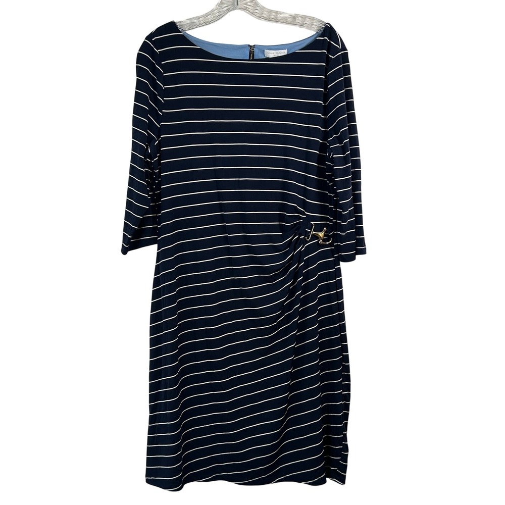 Charter Club Petite XL Navy Striped Ruched Horsebit Sheath Dress‎  NEW